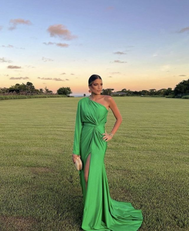 Green One Sleeve Evening Dress With Split,Gala Dress Y5584