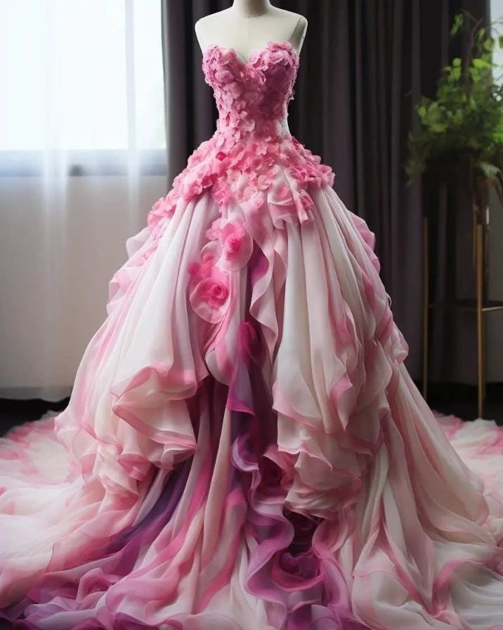 Beautiful Pink Chiffon Appliques Ball Gown Sweetheart Ombre Evening Dress Prom Dress Y8524