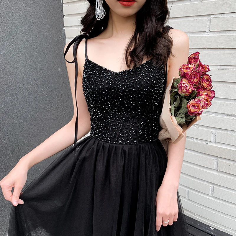 Vestido de fiesta largo con cuentas de tul negro, vestido de noche negro Y1134