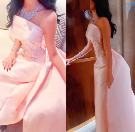 Vestido de noche formal de Dubái con lentejuelas brillantes, corsé saudí sin tirantes de satén rosa bebé, vestido de fiesta Y4887