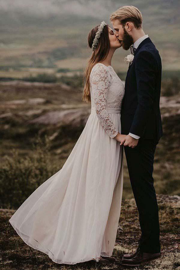 A-Line Bateau Floor Length Chiffon Wedding Dress with Long Sleeves WD319