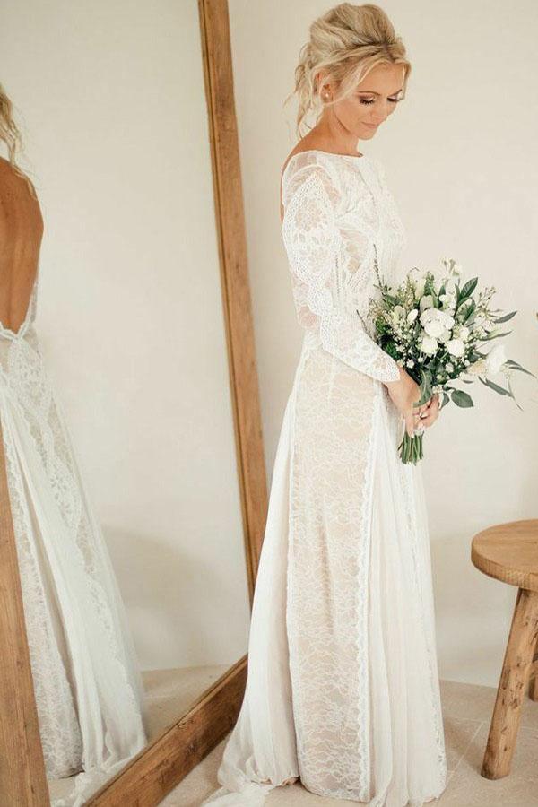 A-Line Bateau Long Sleeves Backless Chiffon Wedding Dress with Lace WD365