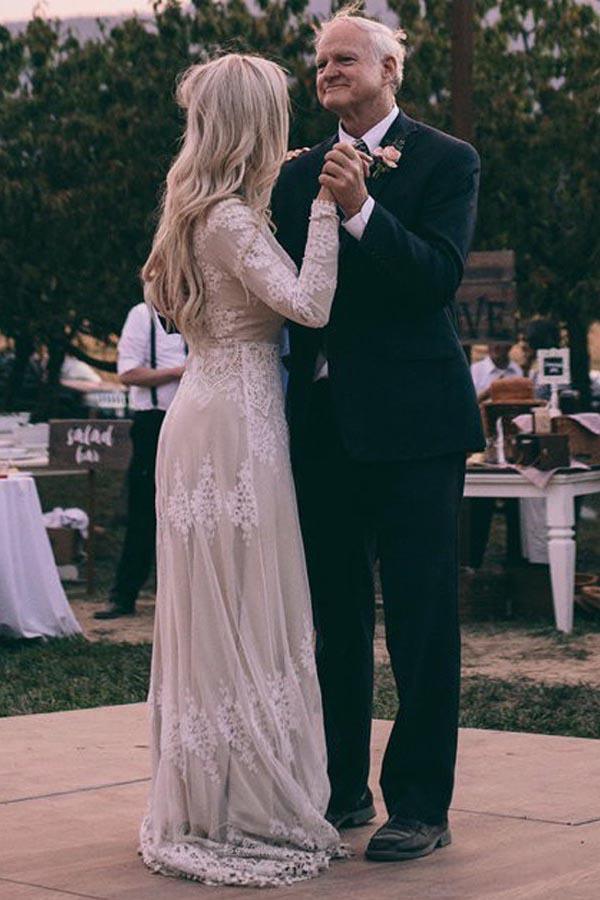 A-Line Bateau Long Sleeves Ivory Tulle Wedding Dress with Appliques WD399