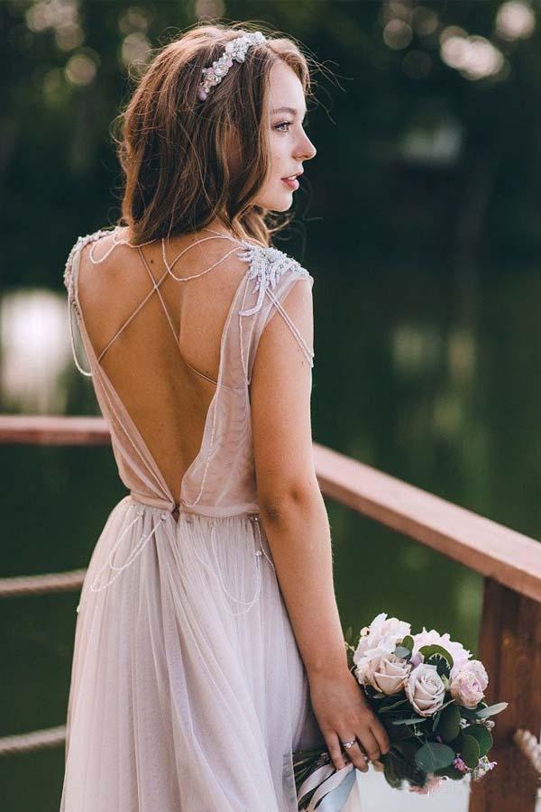 A-line Cap Sleeves Silver Long Tulle Beach Wedding Dress WD323
