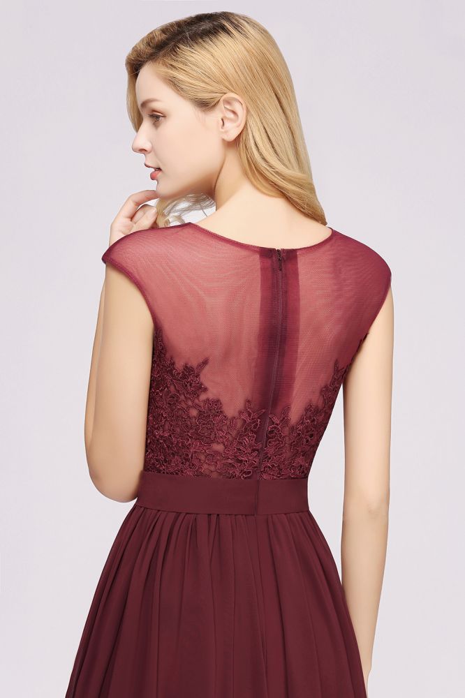 A-Linie Chiffon Spitze Juwel Ärmellos Bodenlang Brautjungfernkleider mit Applikationen