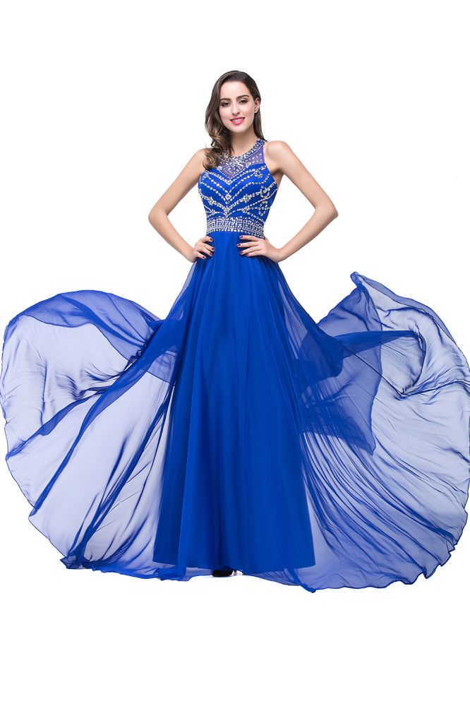 A-line Crew Floor-length Sleeveless Tulle Prom Dresses with Crystal Beads