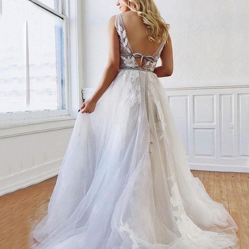 A Line Deep V-Neck Backless White Wedding Dress With Appliques WD446