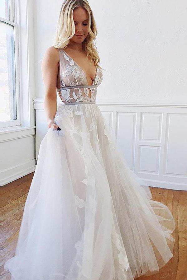 A Line Deep V-Neck Backless White Wedding Dress With Appliques WD446