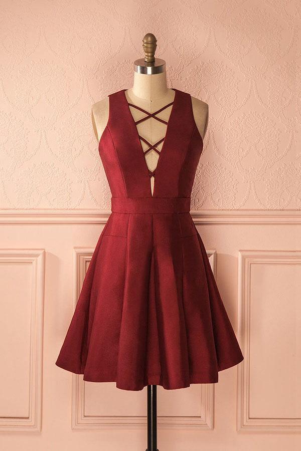 A-Line Deep V-Neck Sleeveless Lace-up Burgundy Satin Homecoming Dress PD386
