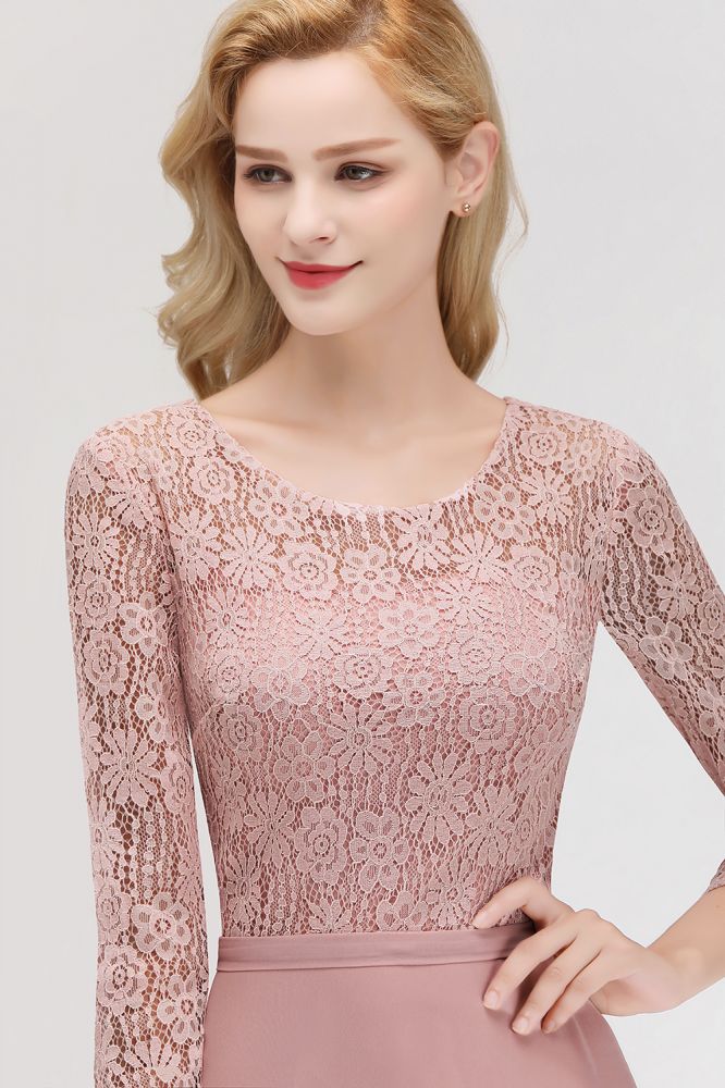 A-line Floor Length Lace Chiffon Bridesmaid Dresses with Sleeves