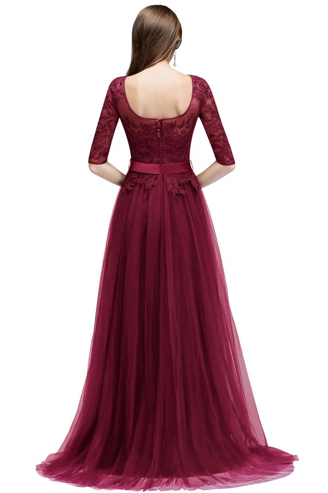 A-line Half Sleeves Floor Length Slit Appliqued Tulle Prom Dresses with Sash