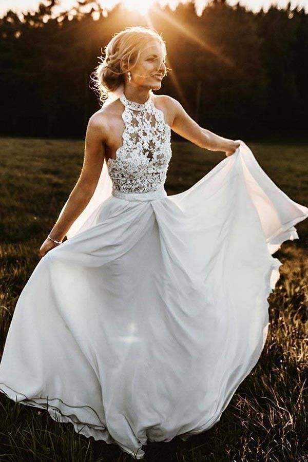 A-Line Halter Sleeveless Chiffon Long Beach Wedding Dress with Lace WD – Sunnderly