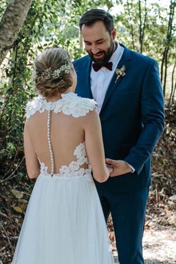 A-Line Jewel Sweep Train White Tulle Wedding Dress with Appliques WD459