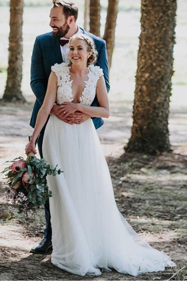 A-Line Jewel Sweep Train White Tulle Wedding Dress with Appliques WD459