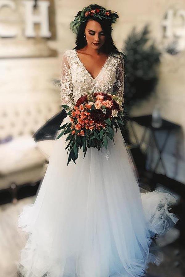 A-line Long Sleeves Tulle Wedding Dress With Lace Applique WD324