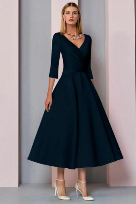 A-Line Mother of the Bride Dress Vintage Plus Size Ankle Length Satin 3/4 Length Sleeve