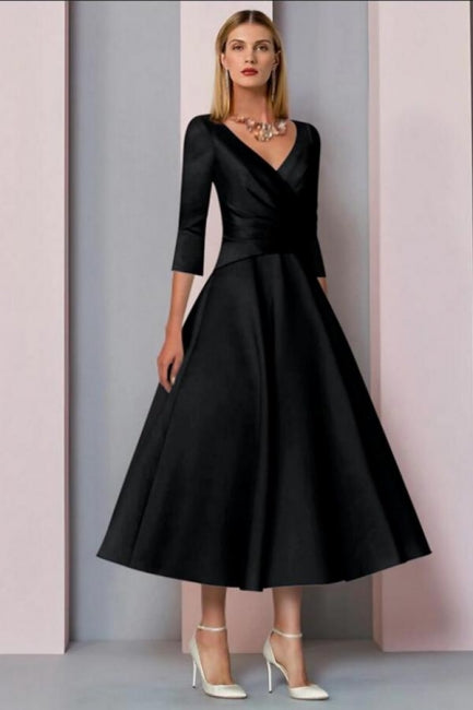 A-Line Mother of the Bride Dress Vintage Plus Size Ankle Length Satin 3/4 Length Sleeve