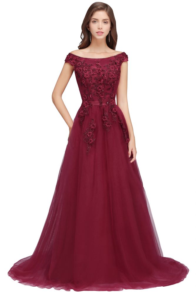 A-line Off-shoulder Floor-length Tulle Appliques Prom Dresses