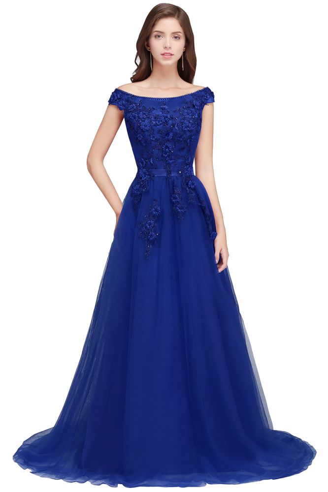 A-line Off-shoulder Floor-length Tulle Appliques Prom Dresses