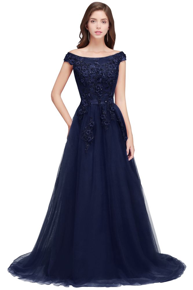 A-line Off-shoulder Floor-length Tulle Appliques Prom Dresses