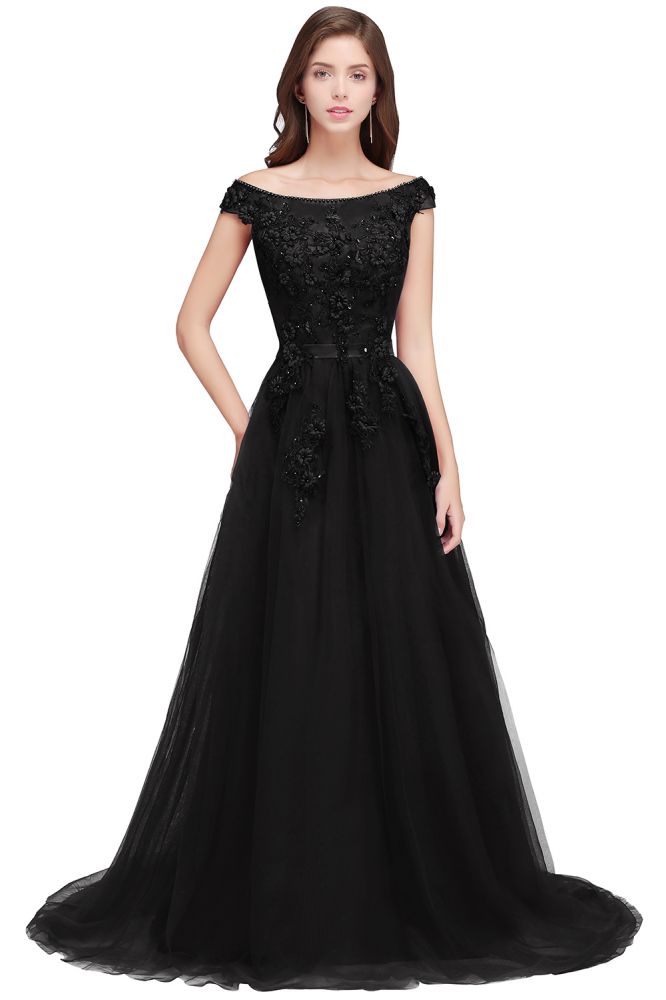 A-line Off-shoulder Floor-length Tulle Appliques Prom Dresses