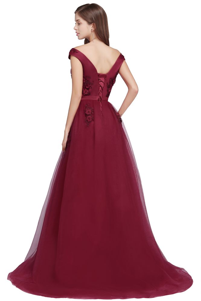 A-line Off-shoulder Floor-length Tulle Appliques Prom Dresses