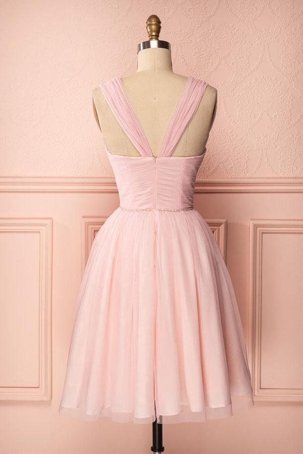 A-Line Pink Tulle Straps Pleats Beading Homecoming Dress Short Prom Dress PD274