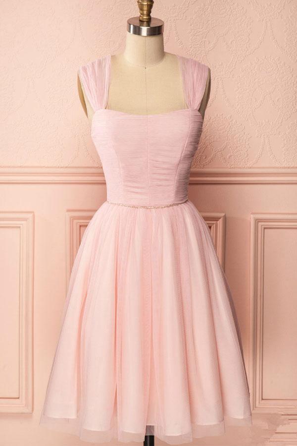 A-Line Pink Tulle Straps Pleats Beading Homecoming Dress Short Prom Dress PD274