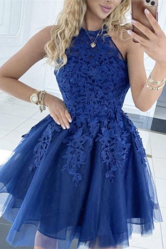 Vestidos de fiesta de tul sin mangas con escote halter fruncido y corte princesa de corte A