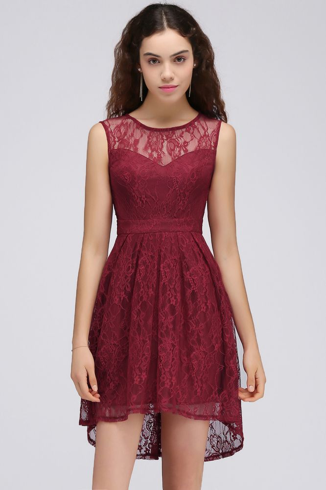 A-Line Round Neck Short Lace Burgundy Homecoming Dresses