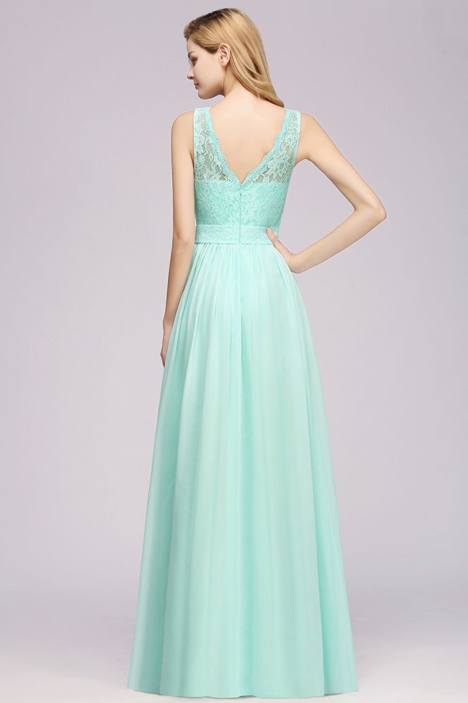 A-Line Ruffles Bridesmaid Dress Lace Scalloped Sleeveless Floor-Length Wedding Party Dress