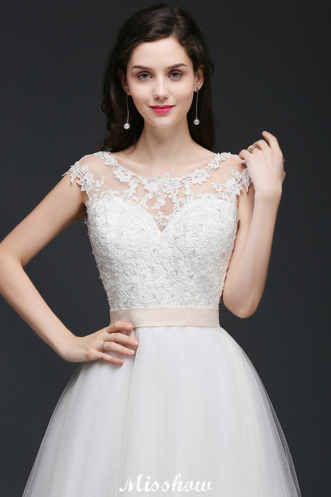A-line Scoop Court Train Tulle Glamorous Wedding Dresses with Sash