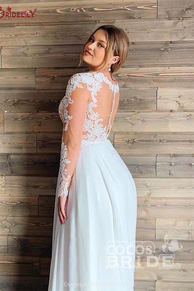 Vestidos de novia de tul transparente con encaje, corte A, manga larga, largo hasta el suelo, para playa