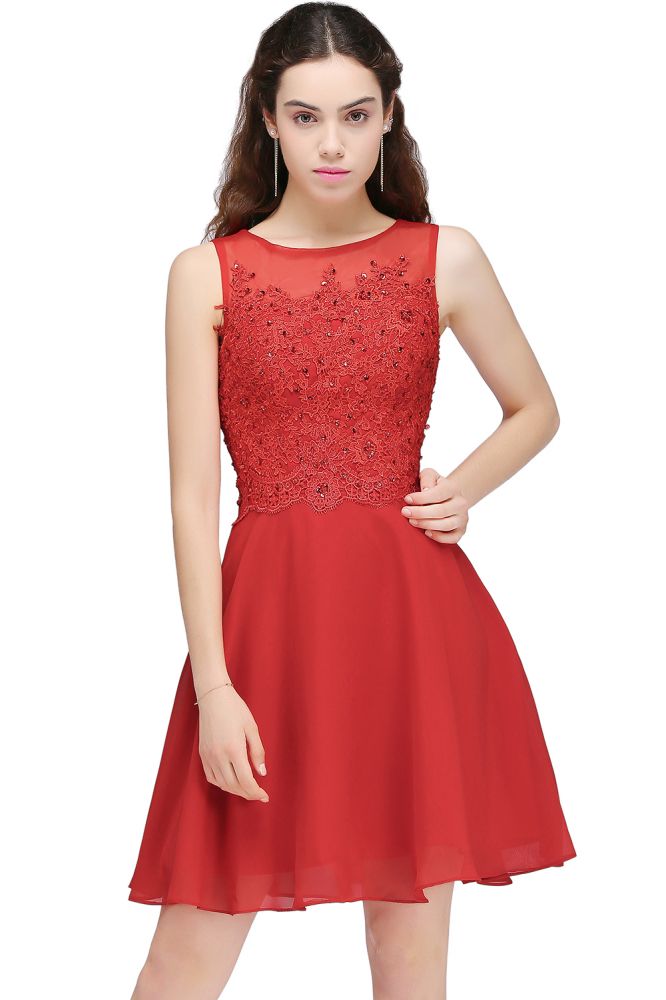 Vestidos de fiesta cortos de gasa roja con corte en A y apliques de encaje