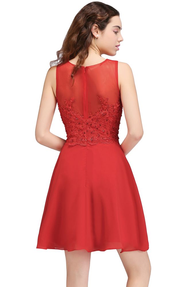 Vestidos de fiesta cortos de gasa roja con corte en A y apliques de encaje