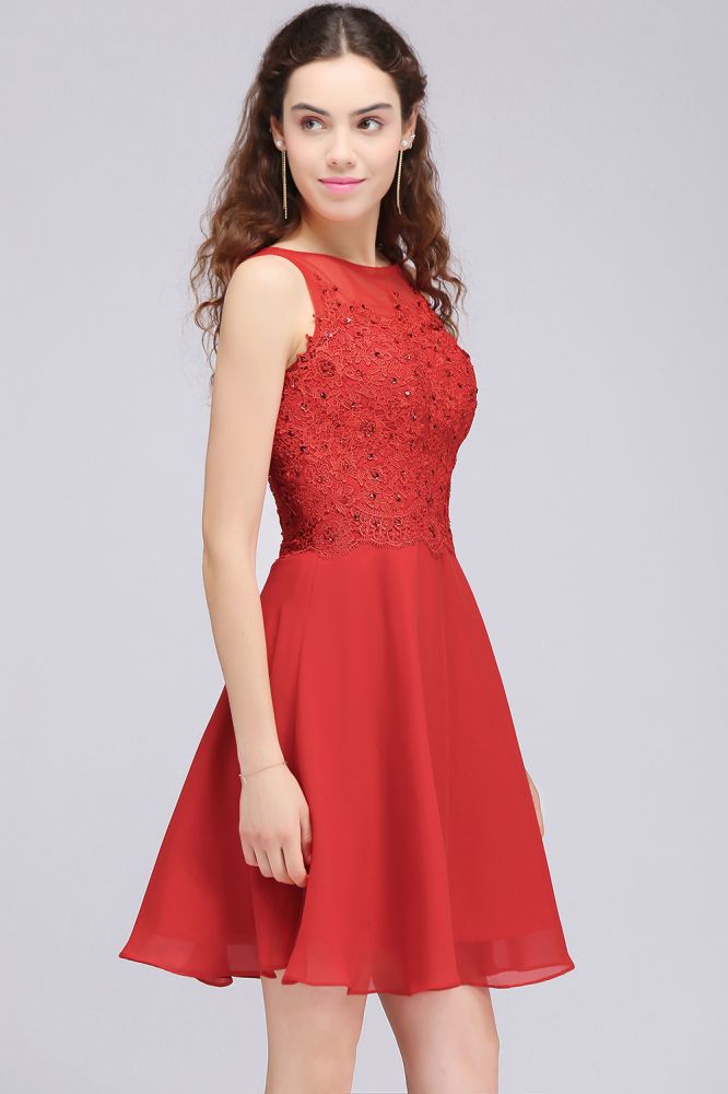 Vestidos de fiesta cortos de gasa roja con corte en A y apliques de encaje