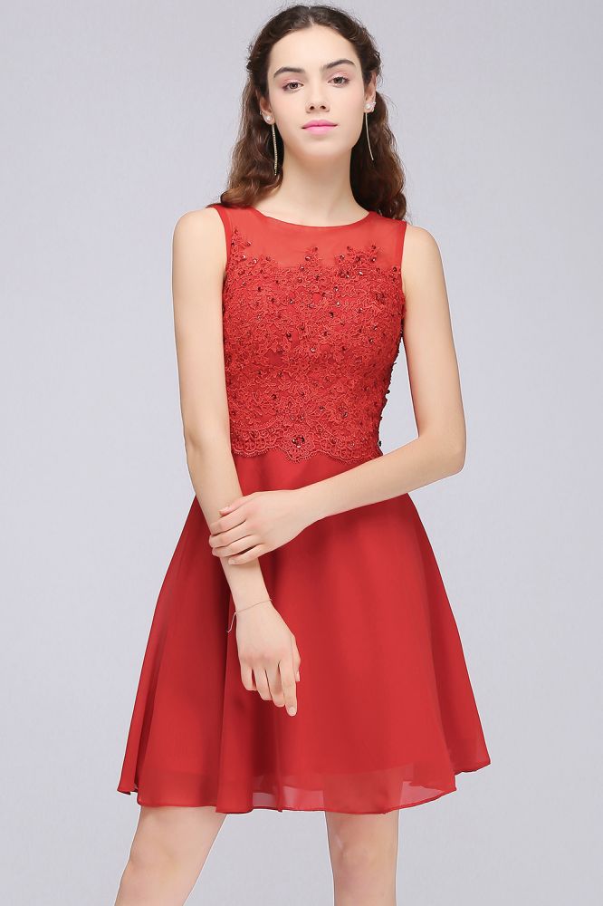 Vestidos de fiesta cortos de gasa roja con corte en A y apliques de encaje