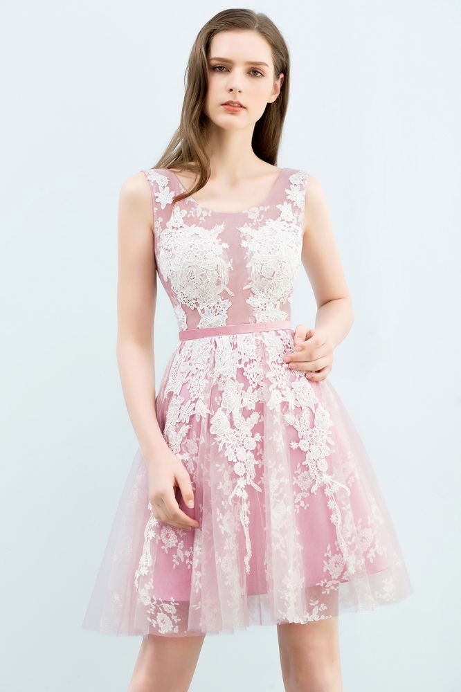 Vestidos de fiesta de tul con apliques de encaje, sin mangas, con corte A y cuello redondo