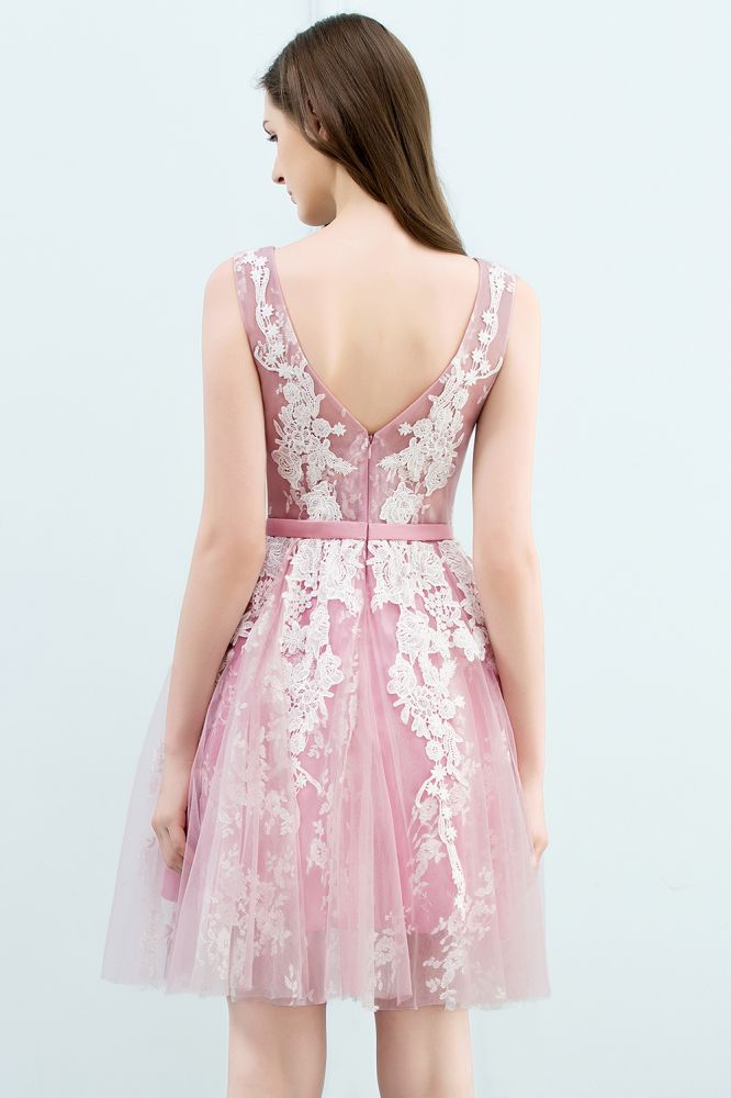 Vestidos de fiesta de tul con apliques de encaje, sin mangas, con corte A y cuello redondo