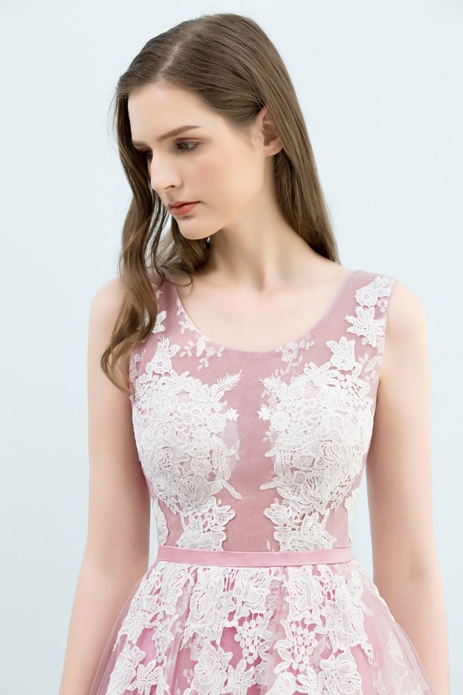 Vestidos de fiesta de tul con apliques de encaje, sin mangas, con corte A y cuello redondo