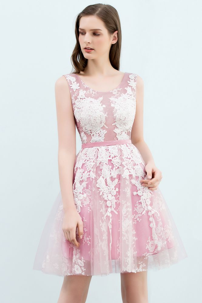 Vestidos de fiesta de tul con apliques de encaje, sin mangas, con corte A y cuello redondo