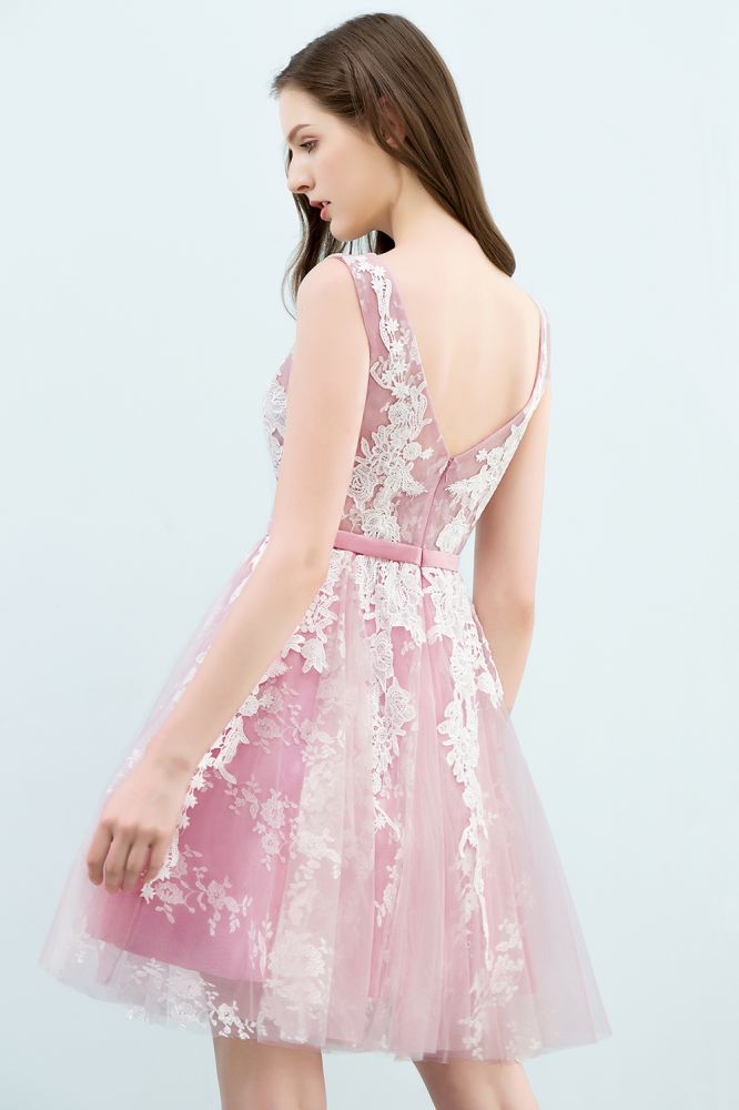 Vestidos de fiesta de tul con apliques de encaje, sin mangas, con corte A y cuello redondo