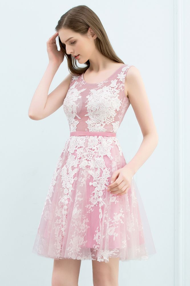 Vestidos de fiesta de tul con apliques de encaje, sin mangas, con corte A y cuello redondo