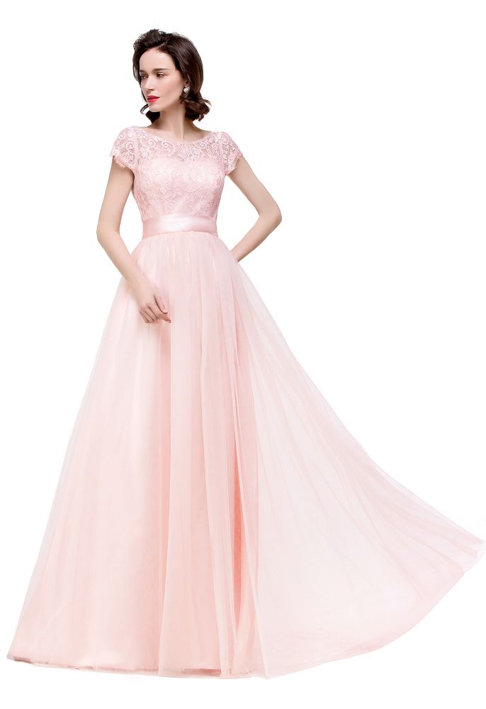 Vestidos de dama de honor de gasa con mangas cortas y corte en A con lazo de cinta