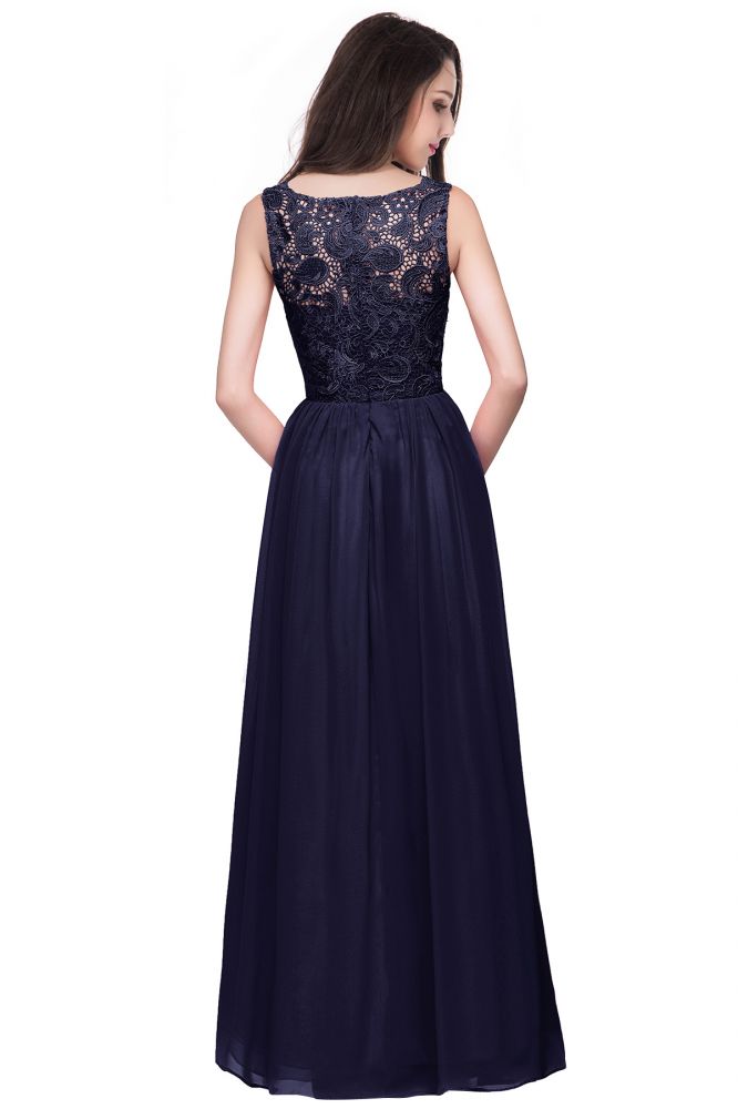 Vestidos de fiesta de gasa con corte A, sin mangas, cuello redondo, largo hasta el suelo y parte superior de encaje