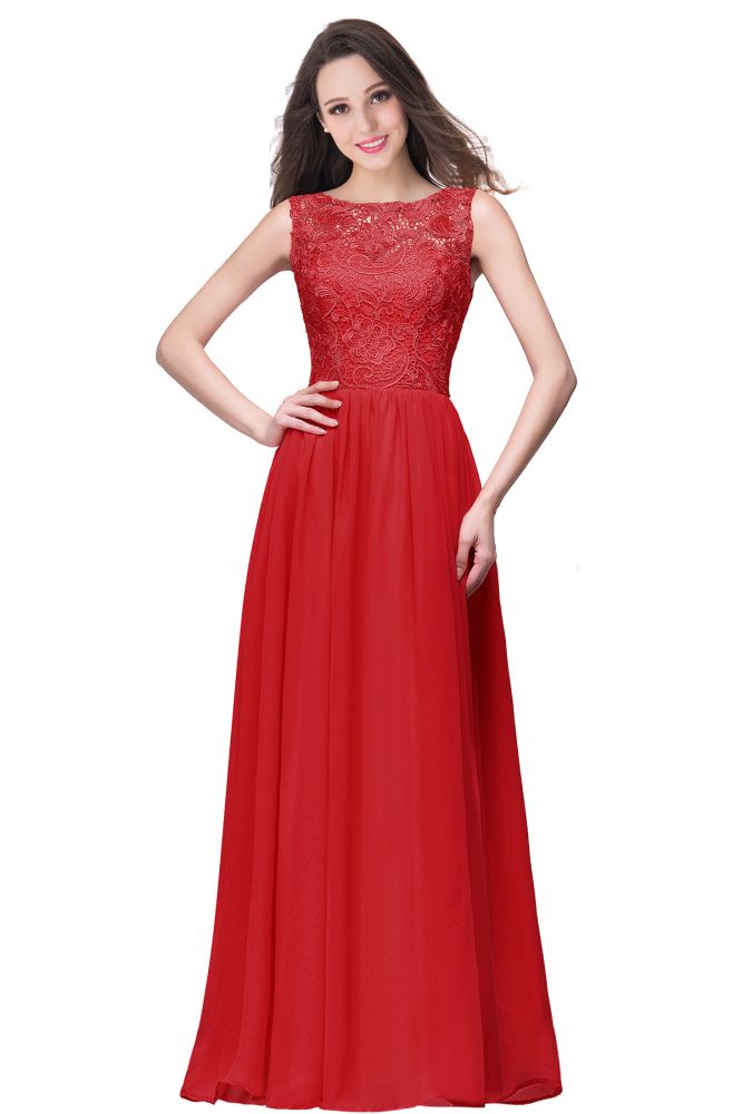 Vestidos de fiesta de gasa con corte A, sin mangas, cuello redondo, largo hasta el suelo y parte superior de encaje