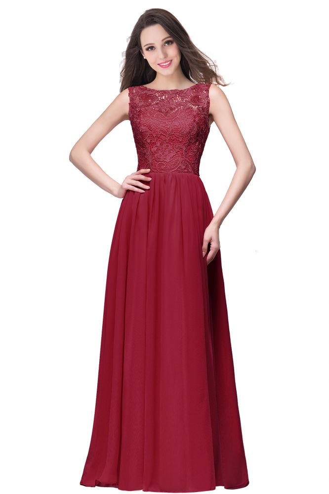 Vestidos de fiesta de gasa con corte A, sin mangas, cuello redondo, largo hasta el suelo y parte superior de encaje