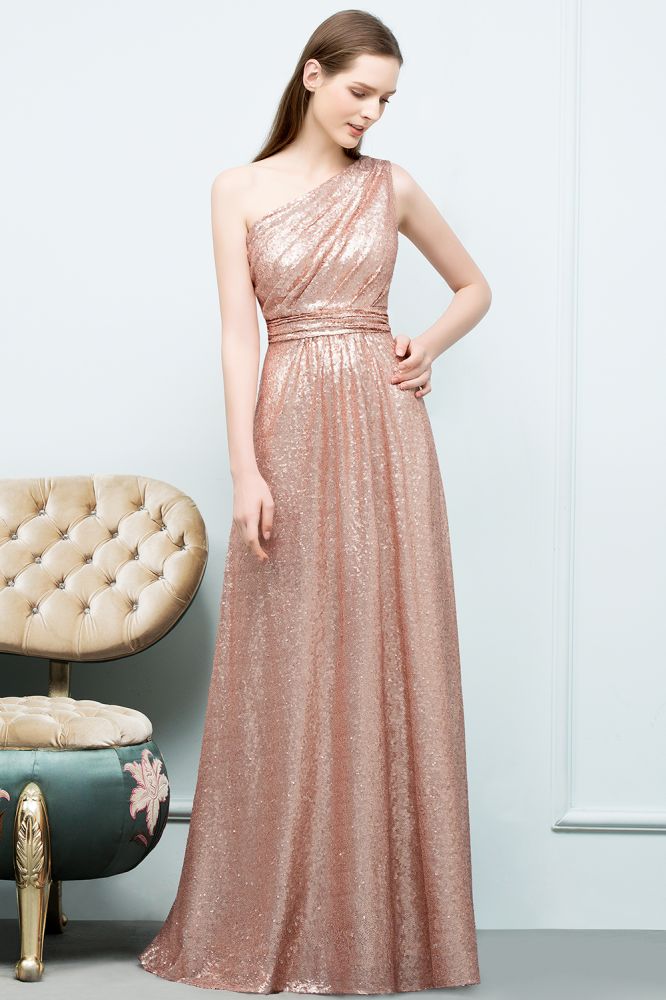 Vestidos de fiesta de lentejuelas con corte A, sin mangas, hasta el suelo y un solo hombro
