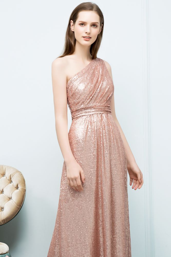 Vestidos de fiesta de lentejuelas con corte A, sin mangas, hasta el suelo y un solo hombro
