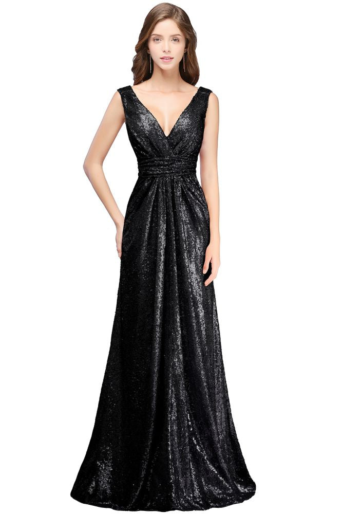 Vestidos de fiesta con lentejuelas, corte A, sin mangas, hasta el suelo, escote en V